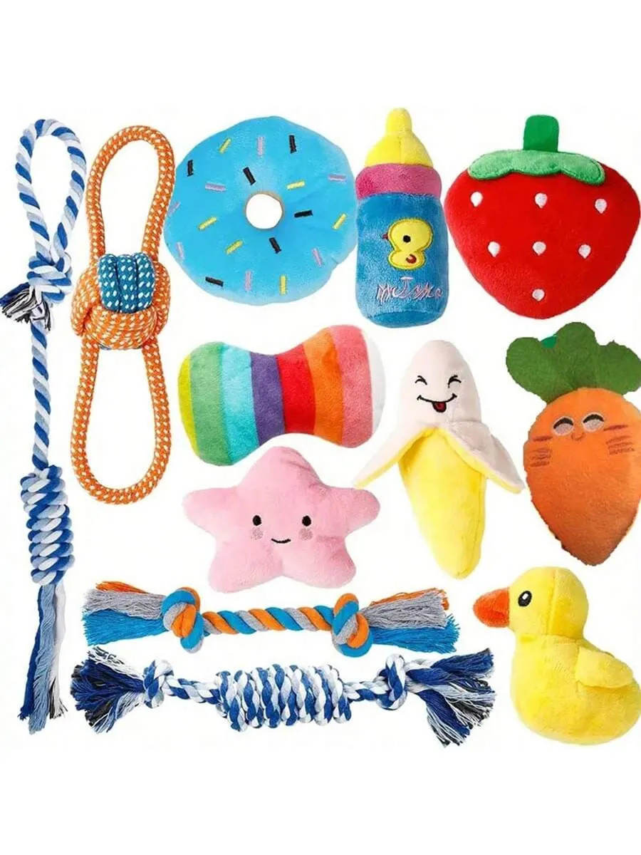 12pcs Pet Rope Knot And Plush Squeaky Toy Set, Suitable For Large, Medium And Small Dogs To Chew, Grind And Have Fun