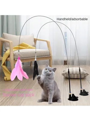 1pc Random Color Feather Decor Cat Teaser Stick Toy Durable Cat Chew Toy With Bell And Suction Cup For Cat Interactive Supply