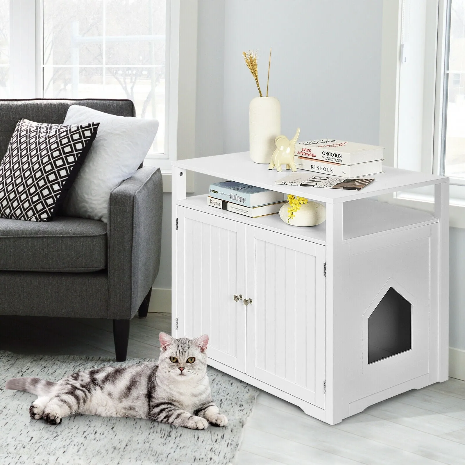 28" Wooden Cat Litter Box with Storage Layer - White