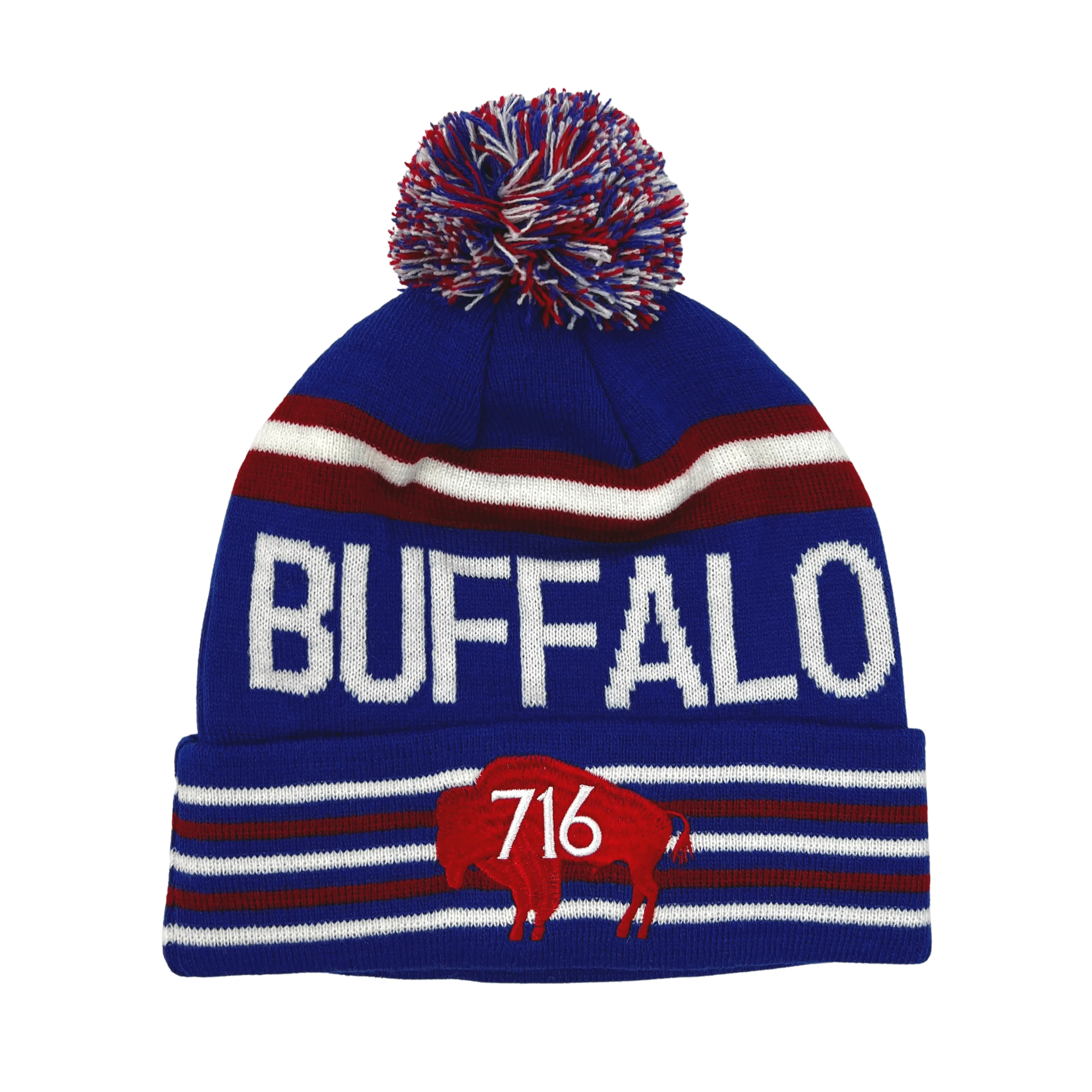 Buffalo Red, White, and Blue Knit Pom Pom Winter Hat