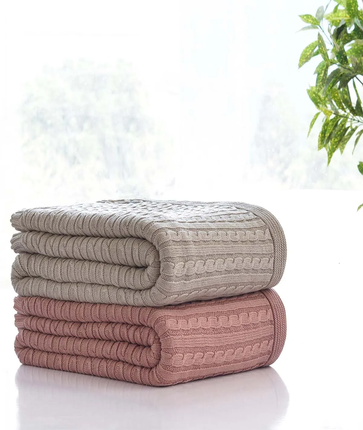 Cable Knit - Pale Pink 100% Cotton Knitted AC Blanket / Dohar for Round the Year Use