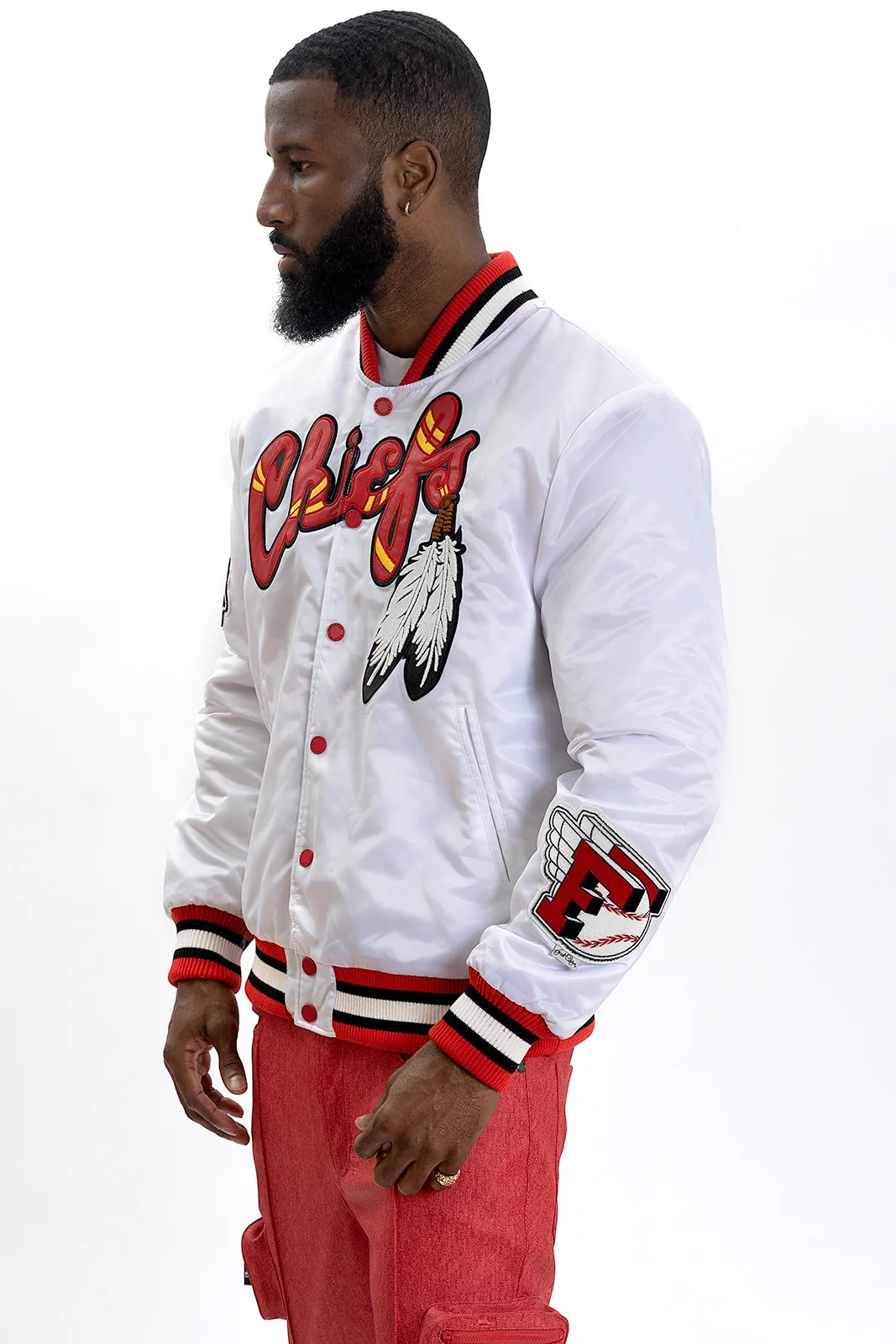 F1057 Chiefs Satin Varsity Jacket - White