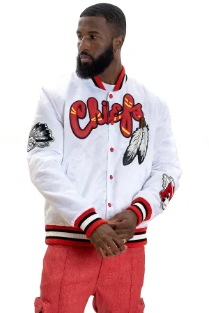 F1057 Chiefs Satin Varsity Jacket - White