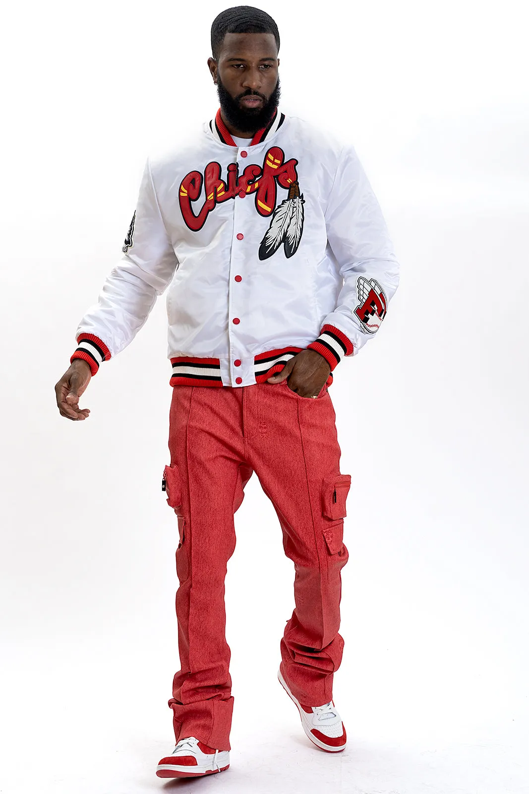 F1057 Chiefs Satin Varsity Jacket - White