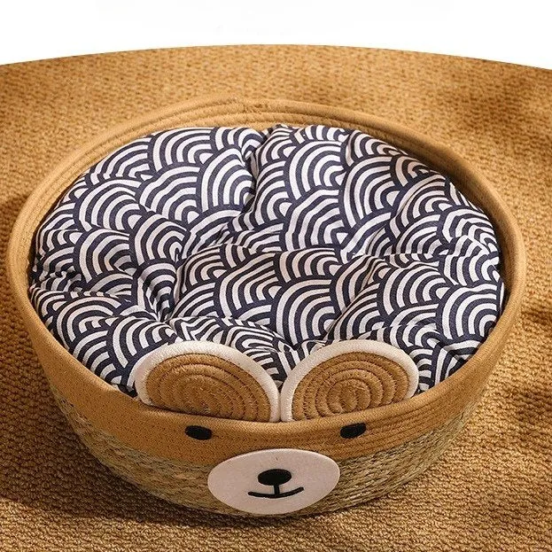 Large Cozy Rattan Cat Bed with Plush Cotton Cushion