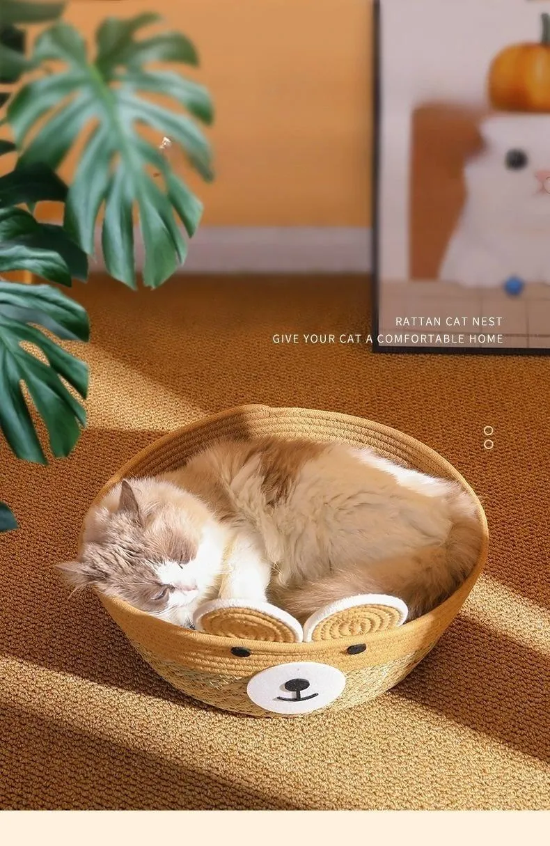 Large Cozy Rattan Cat Bed with Plush Cotton Cushion