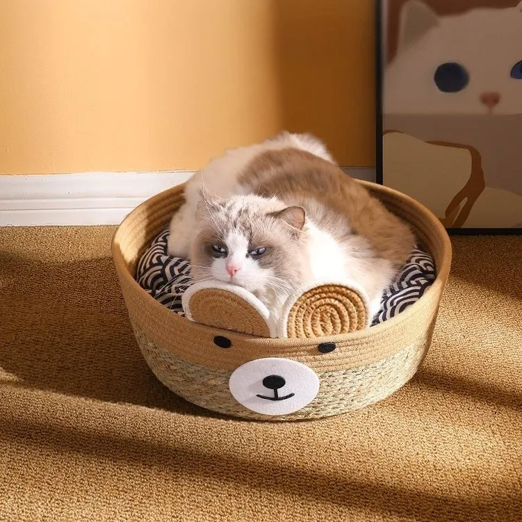 Large Cozy Rattan Cat Bed with Plush Cotton Cushion