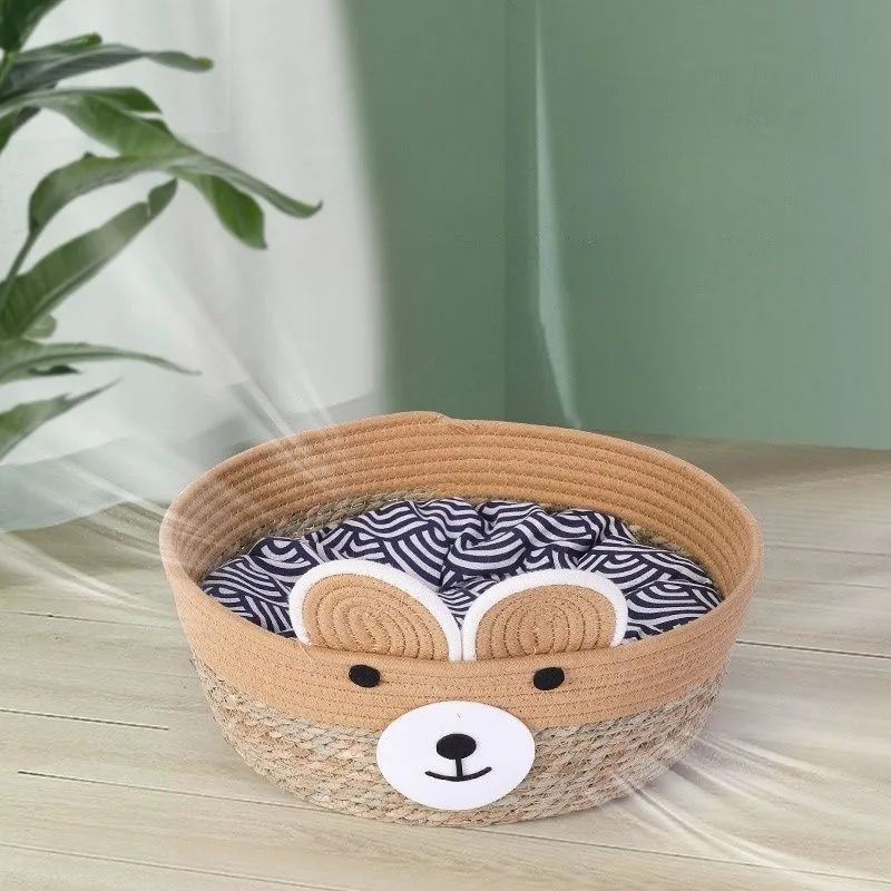 Large Cozy Rattan Cat Bed with Plush Cotton Cushion