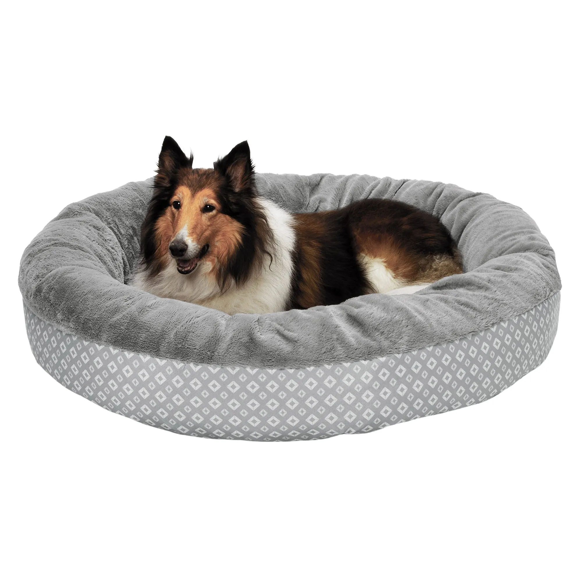 Plush & Diamond Print Calming Donut Dog Bed