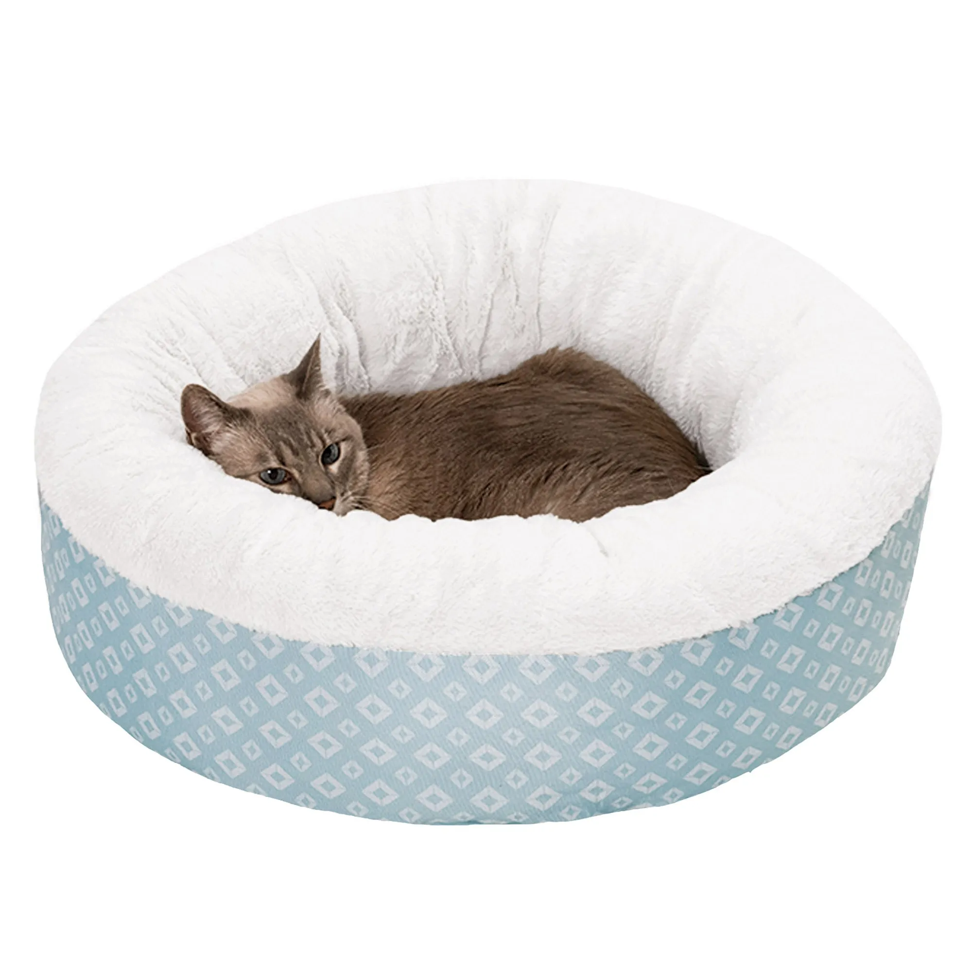 Plush & Diamond Print Calming Donut Dog Bed