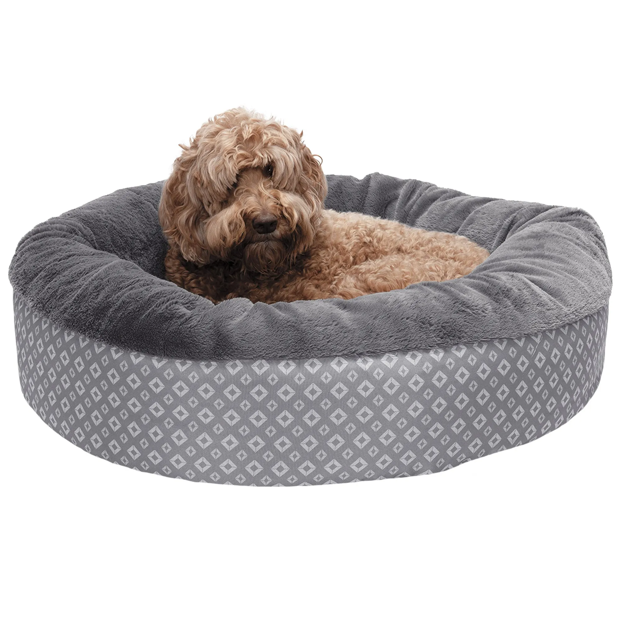 Plush & Diamond Print Calming Donut Dog Bed