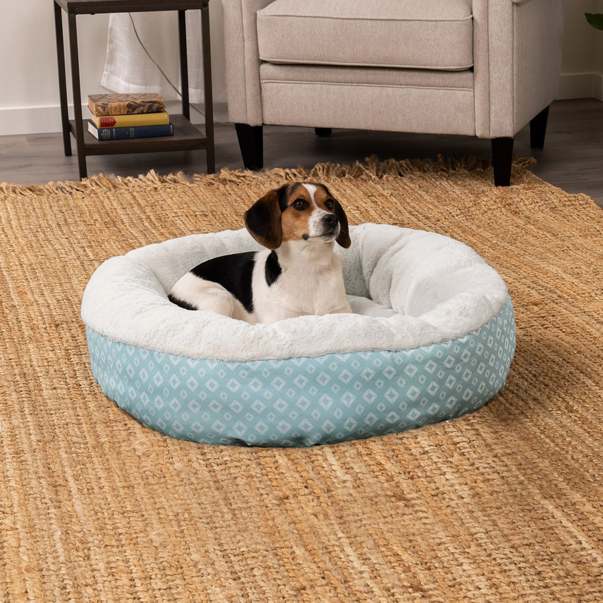 Plush & Diamond Print Calming Donut Dog Bed