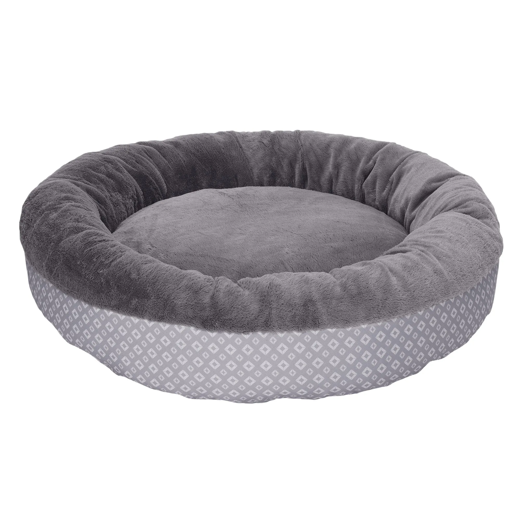 Plush & Diamond Print Calming Donut Dog Bed