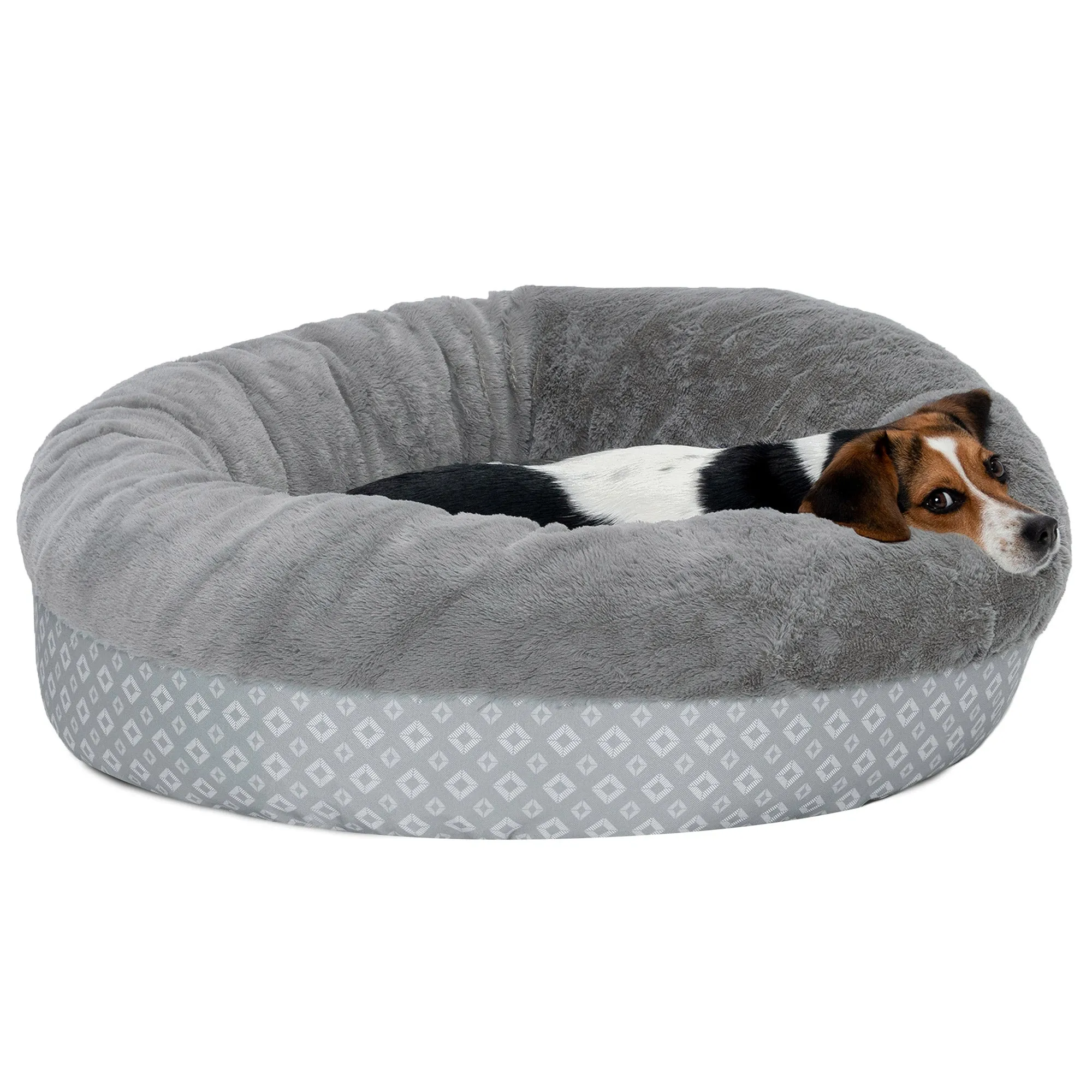 Plush & Diamond Print Calming Donut Dog Bed