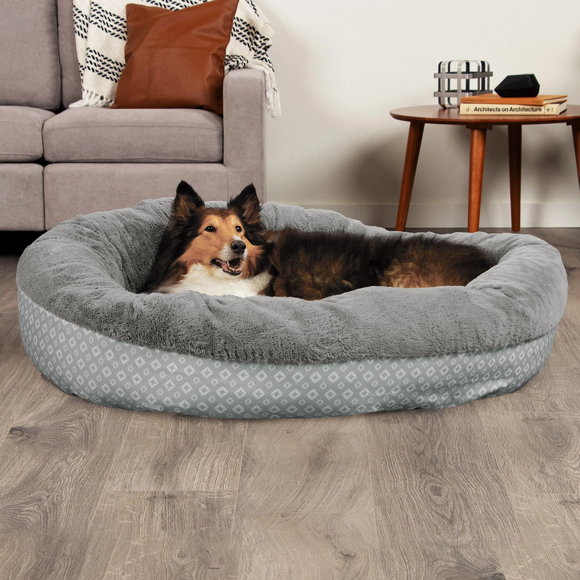 Plush & Diamond Print Calming Donut Dog Bed