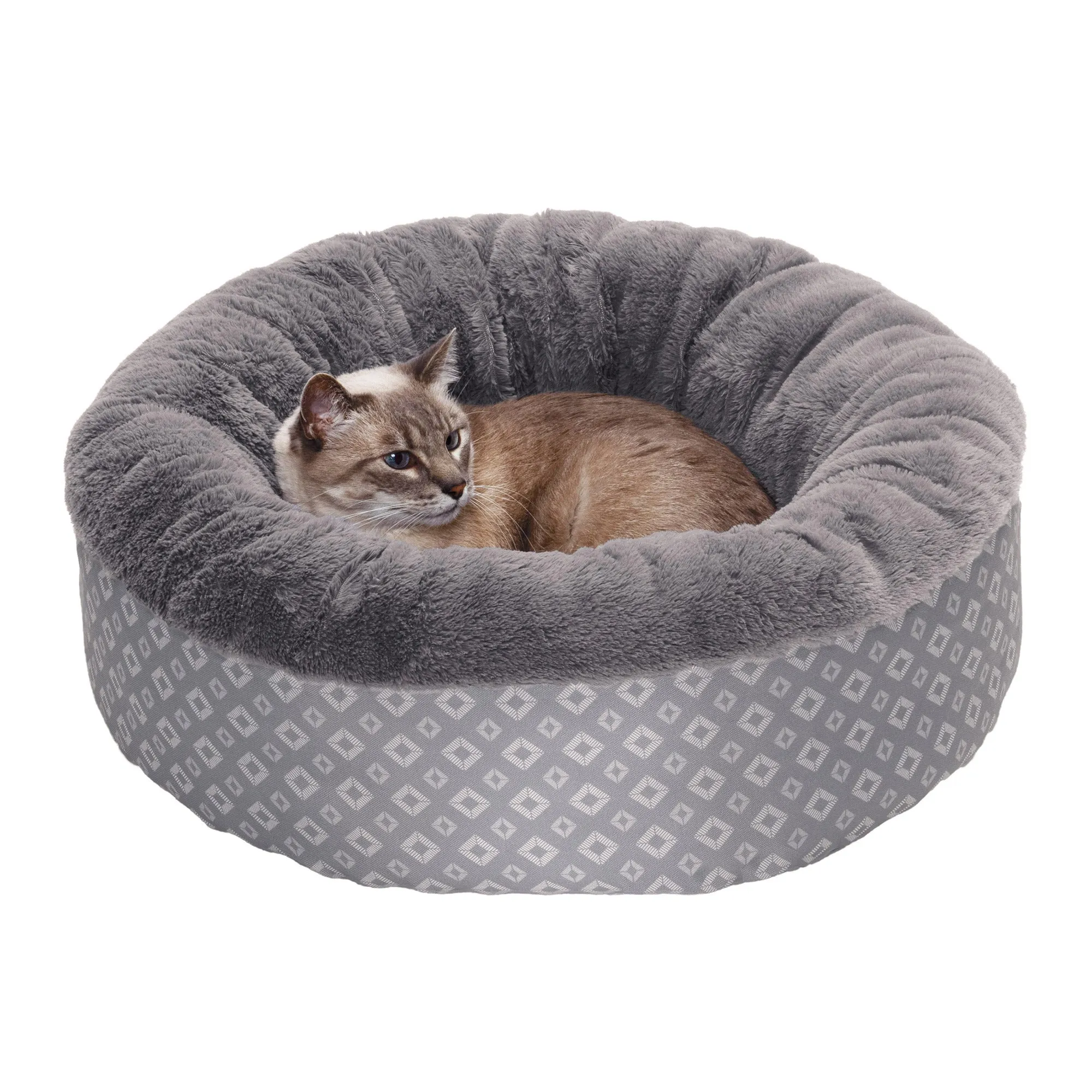 Plush & Diamond Print Calming Donut Dog Bed