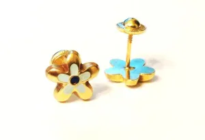 Screw Back 18K Gold Earrings - Small Blue Colorful Flower