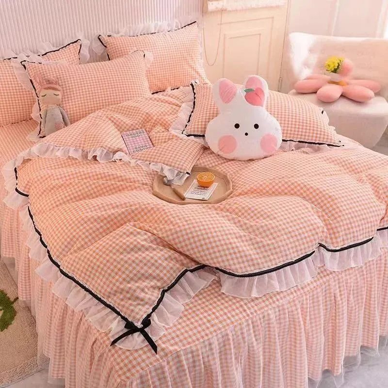 SINOTAO  -  Checkered Bedding Set Bed Skirt Ruffle Lace Princess Style Girls Duvet Cover Simple Solid Color Home Textiles Decor Bedroom