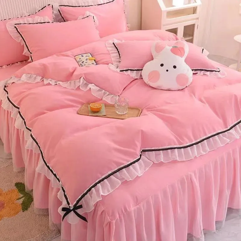 SINOTAO  -  Checkered Bedding Set Bed Skirt Ruffle Lace Princess Style Girls Duvet Cover Simple Solid Color Home Textiles Decor Bedroom