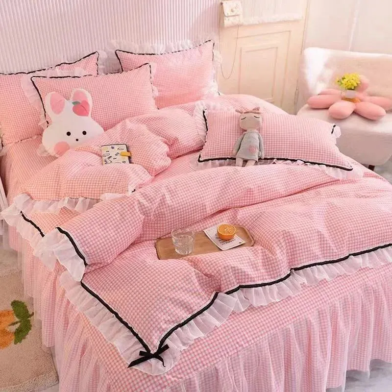 SINOTAO  -  Checkered Bedding Set Bed Skirt Ruffle Lace Princess Style Girls Duvet Cover Simple Solid Color Home Textiles Decor Bedroom