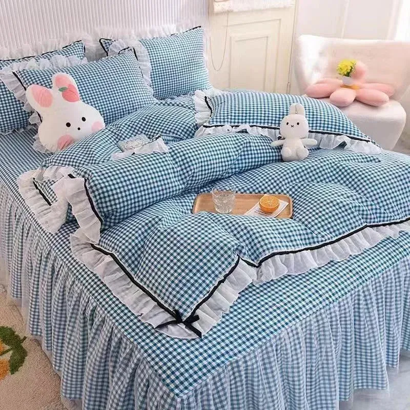 SINOTAO  -  Checkered Bedding Set Bed Skirt Ruffle Lace Princess Style Girls Duvet Cover Simple Solid Color Home Textiles Decor Bedroom