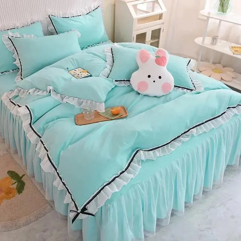 SINOTAO  -  Checkered Bedding Set Bed Skirt Ruffle Lace Princess Style Girls Duvet Cover Simple Solid Color Home Textiles Decor Bedroom