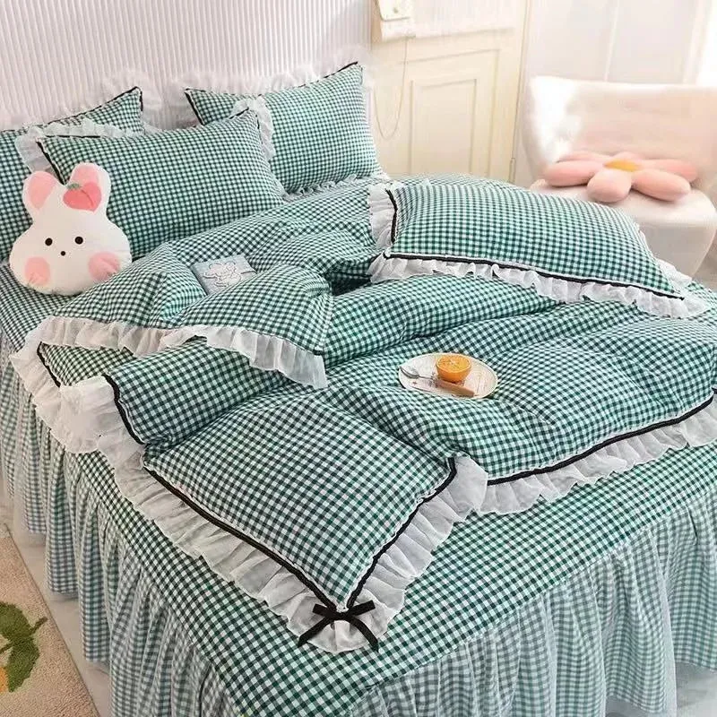 SINOTAO  -  Checkered Bedding Set Bed Skirt Ruffle Lace Princess Style Girls Duvet Cover Simple Solid Color Home Textiles Decor Bedroom